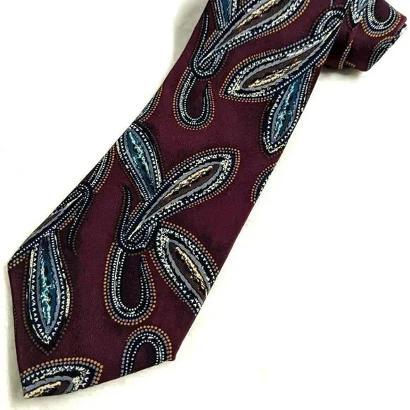Men's Vintage 100% Italian Silk Tie - Burgandy Paisley Motif - Picture 11 of 11